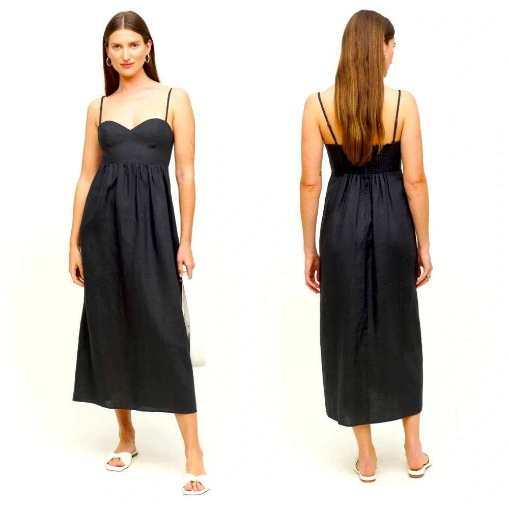 Reformation Odette Black Linen Midi Dress 2 NWT - Picture 2 of 11